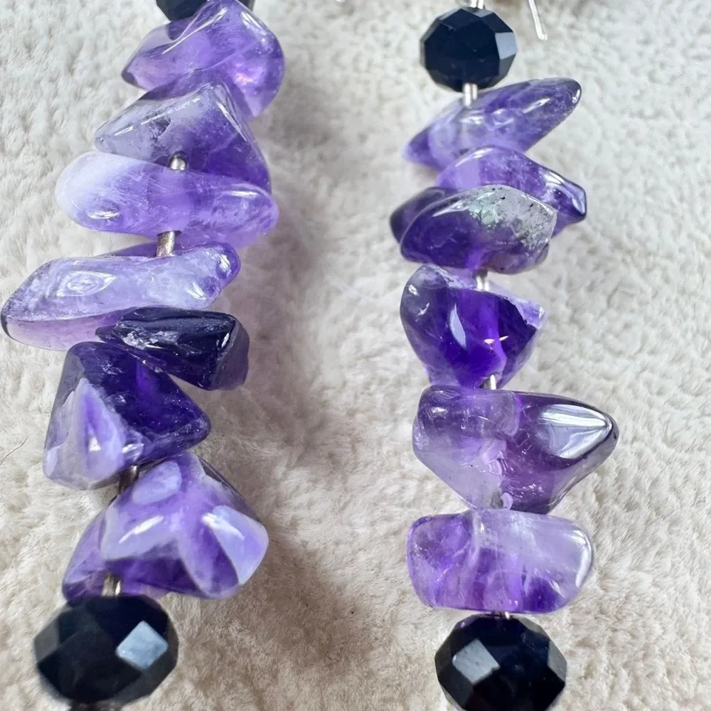 Amethyst and Black Stone Drop Earrings